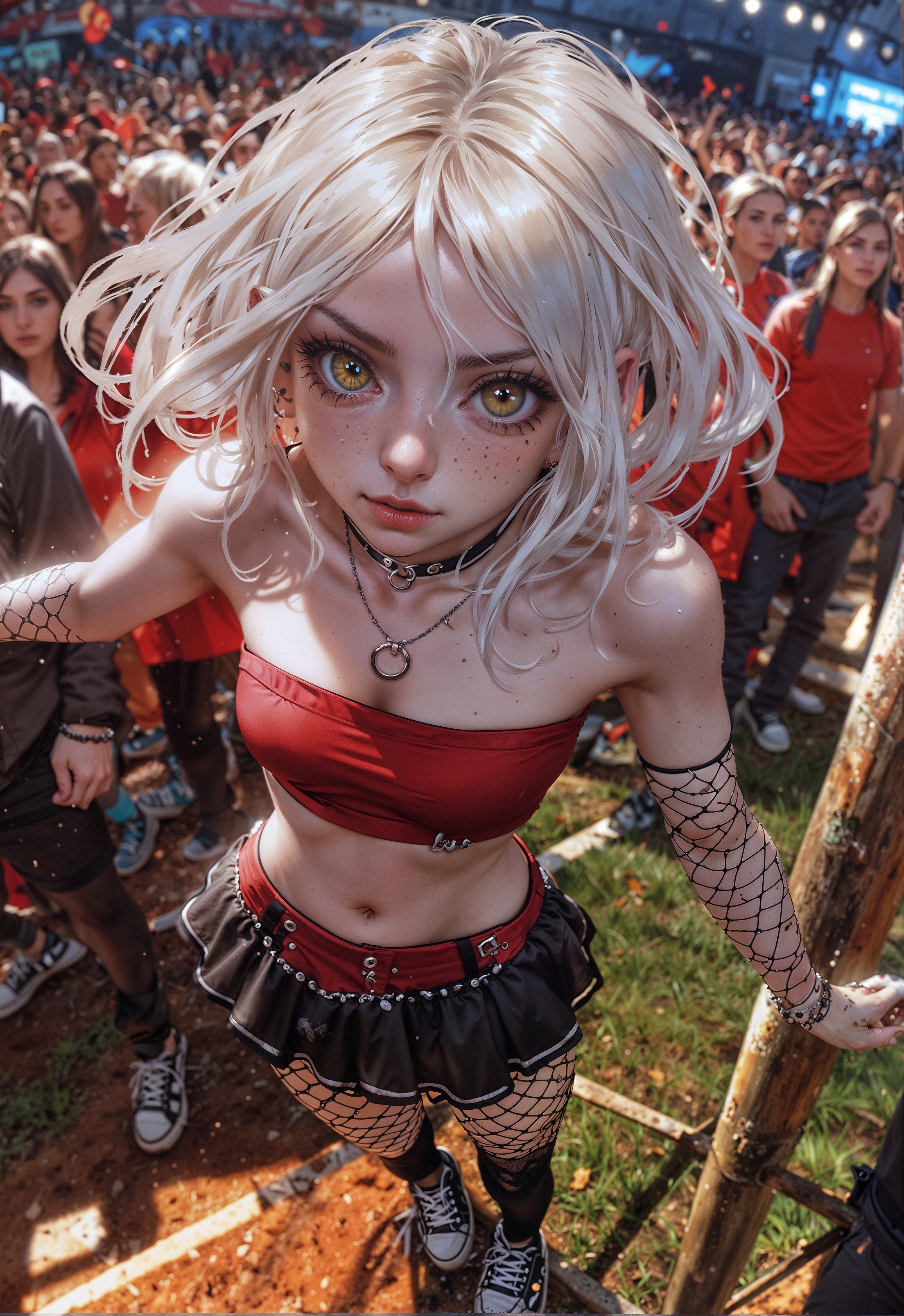 SD XL prompt: high quality, 1lady, 25 years old, gold eyes, long white hair, fade, outdoors, c...