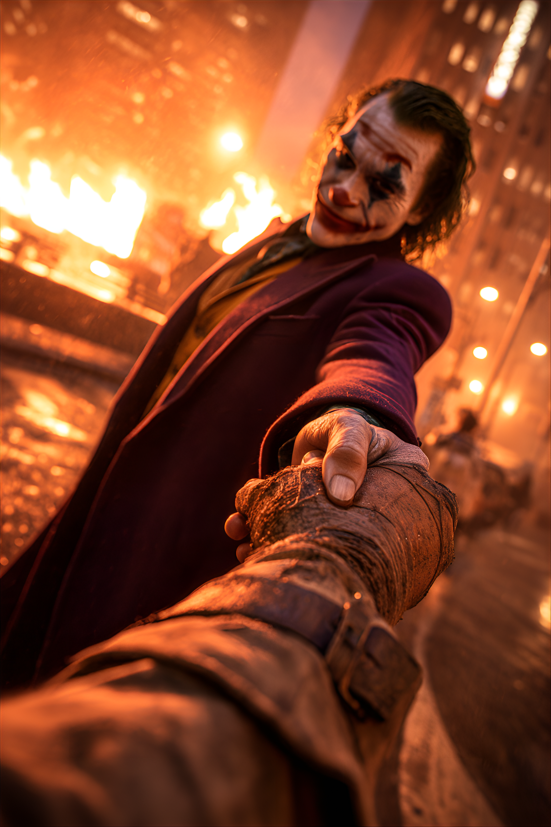 Midjourney prompt: He is wearing a dark purple coat, and his face is characteristic of the Joker, w...