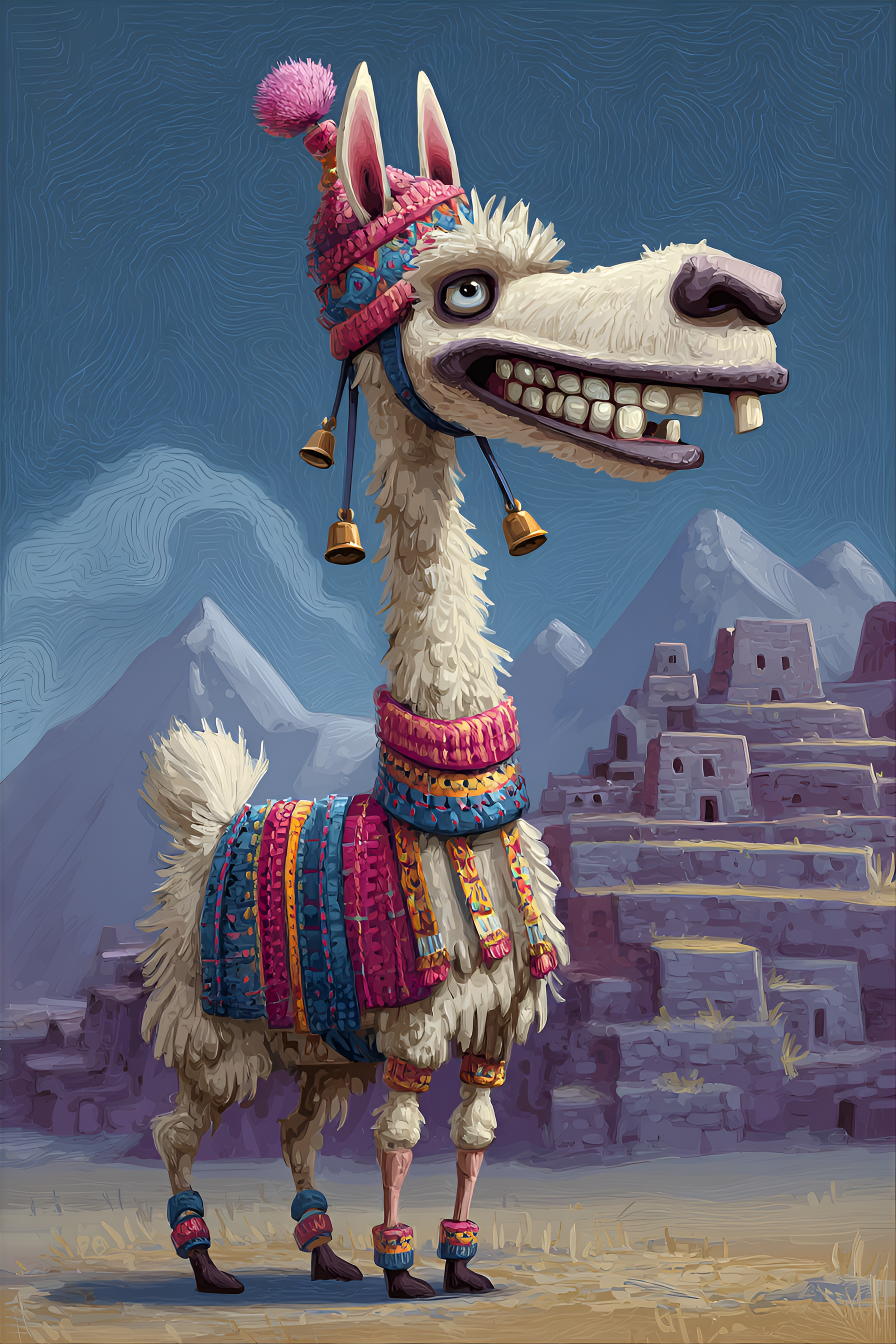 Midjourney prompt: funny caricature, silly llama character, peruvian ethnicity, 5 years old, aloof,...