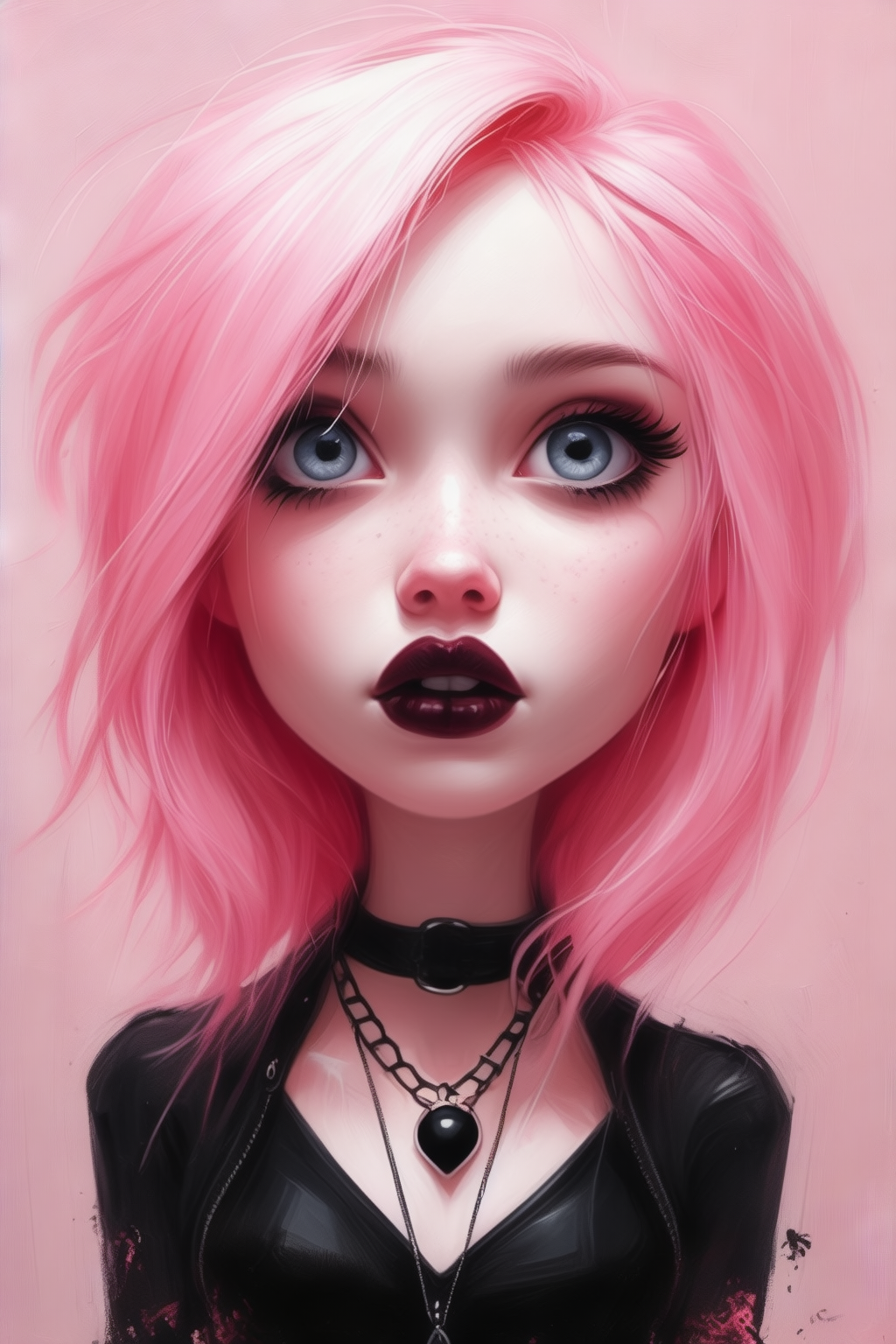Stable Diffusion prompt: Super Goth Girl, pink blonde style, by Sam Toft, by Ross Tran, by Tim Burton, by...