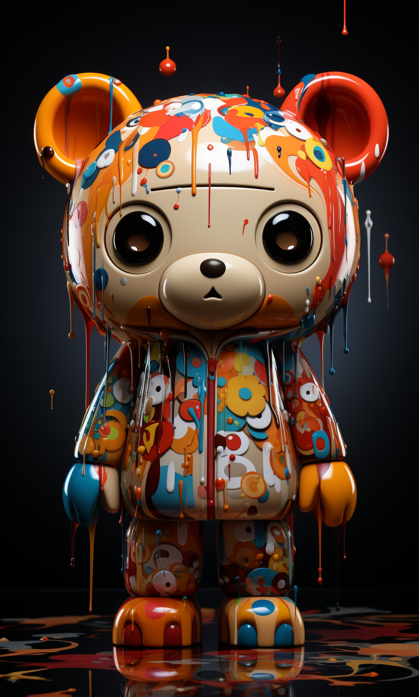 Midjourney prompt: create a toy bear, in the style of Takashi Murakami, cinematic lighting, sharp f...