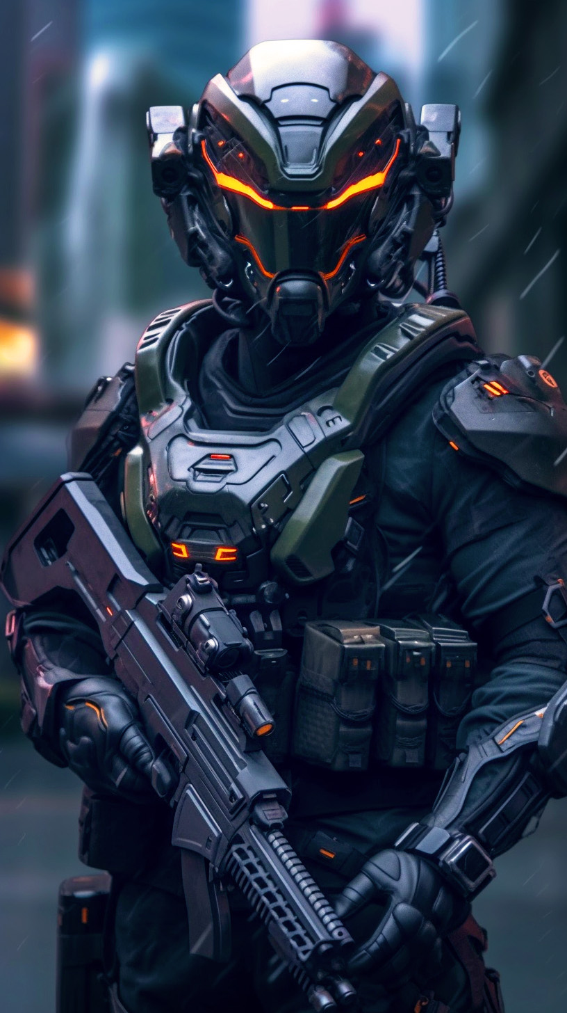 Midjourney prompt: Futuristic soldier with advanced armor, weaponry, and helmet, dark army green, s...
