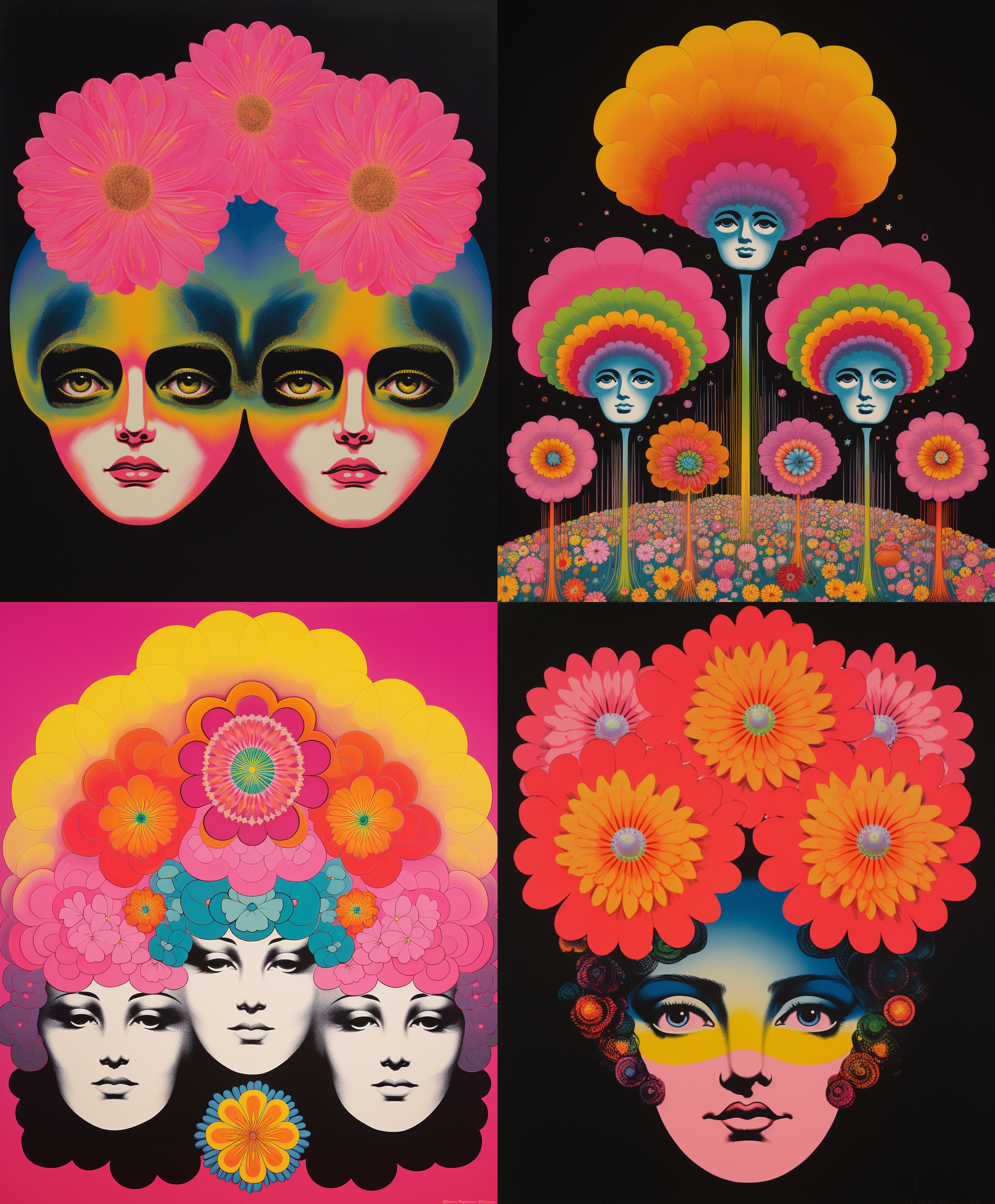 Midjourney prompt: A pink flower in the middle of three human heads on a rainbow and black backgrou...