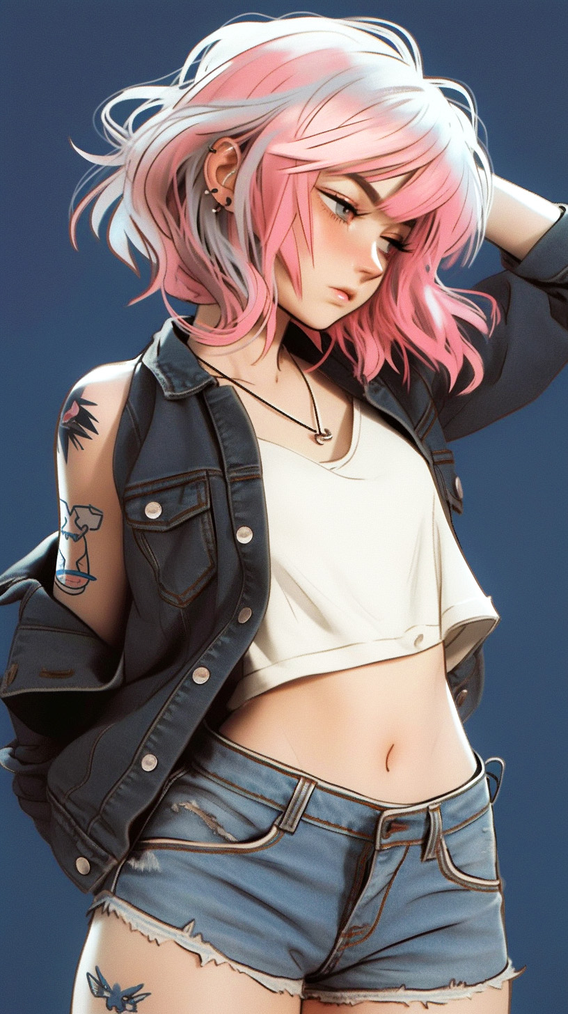 Midjourney prompt: Cute female wearing a white tank top, blue denim shorts and dark denim jacket, s...