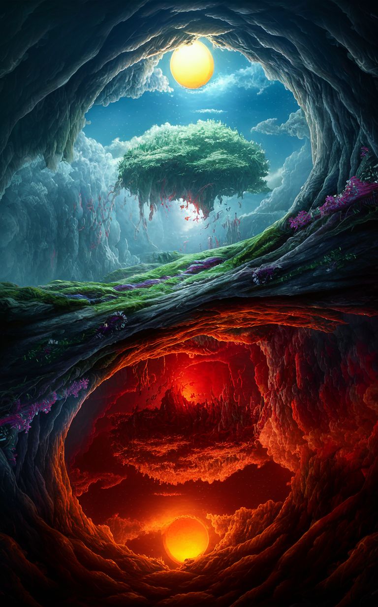 DreamShaper prompt: A mesmerizing, ultra-detailed fantasy art piece that showcases two realms - one ...
