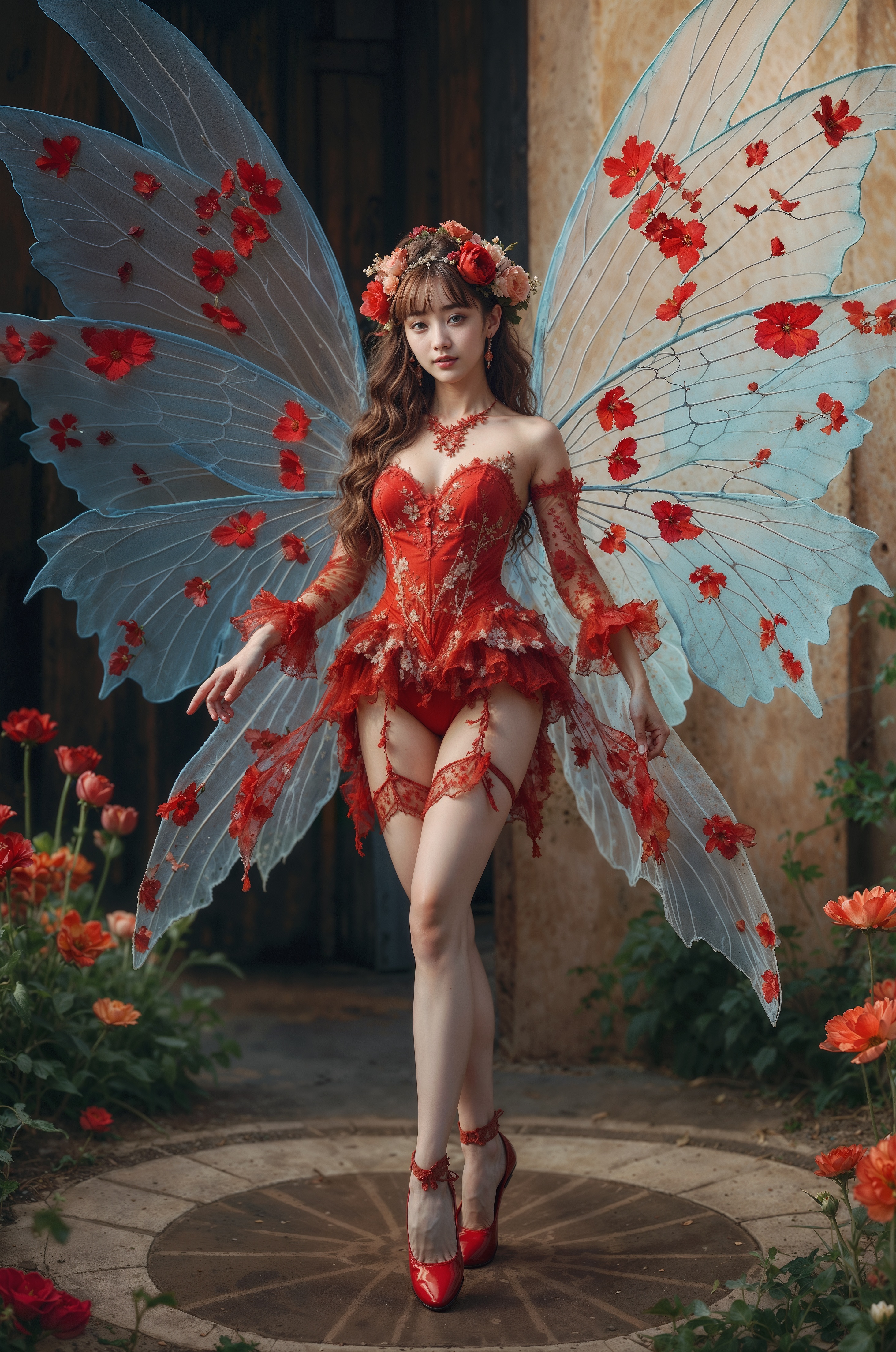 SD XL prompt: (1woman), solo, looking_at_viewer, (full_body:1.5),(standing:1), (red Flower pat...