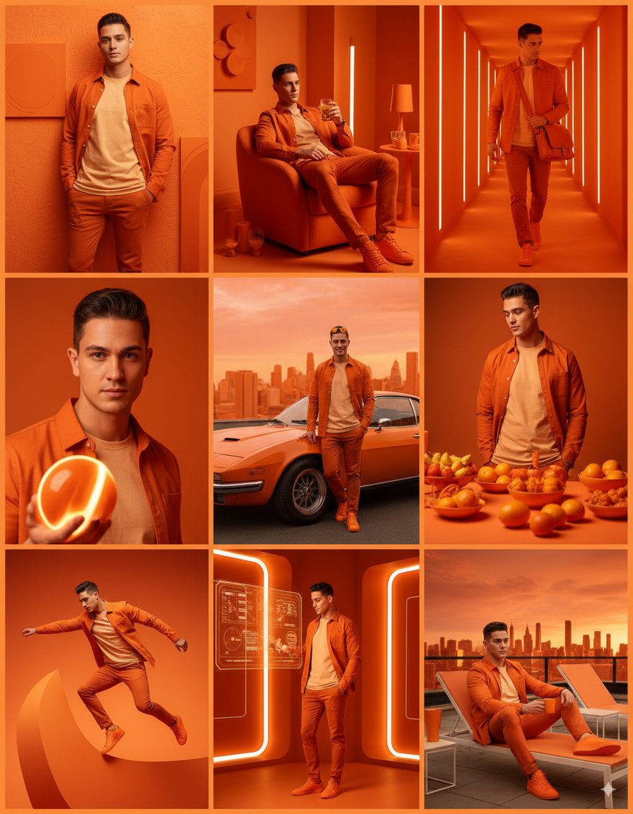 ChatGPT Image prompt: A collage of 9 editorial-style photos with an orange color theme. The background...