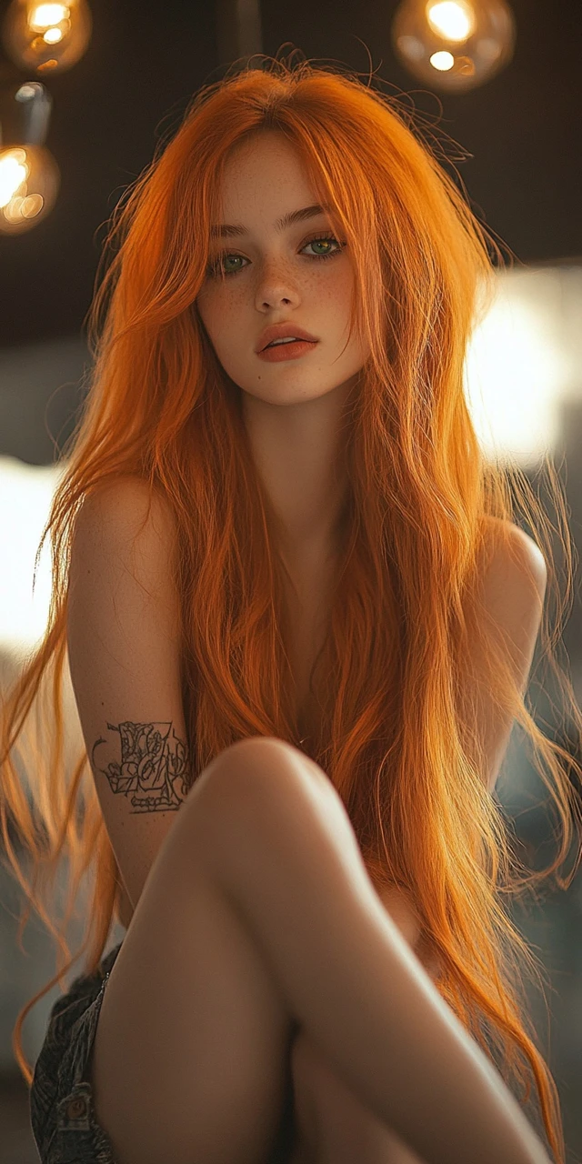 Midjourney prompt: A young, fair-skinned woman with vibrant, long, flowing auburn hair and delicate...