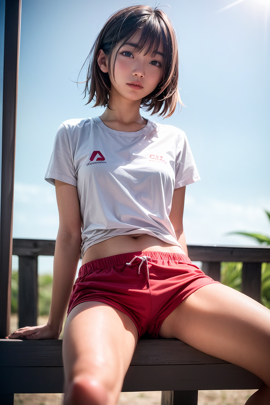 schoolmax 2.5d prompt: (Asian girl as a lifeguard, sitting in the sun, lifeguard tower, plain white shi...