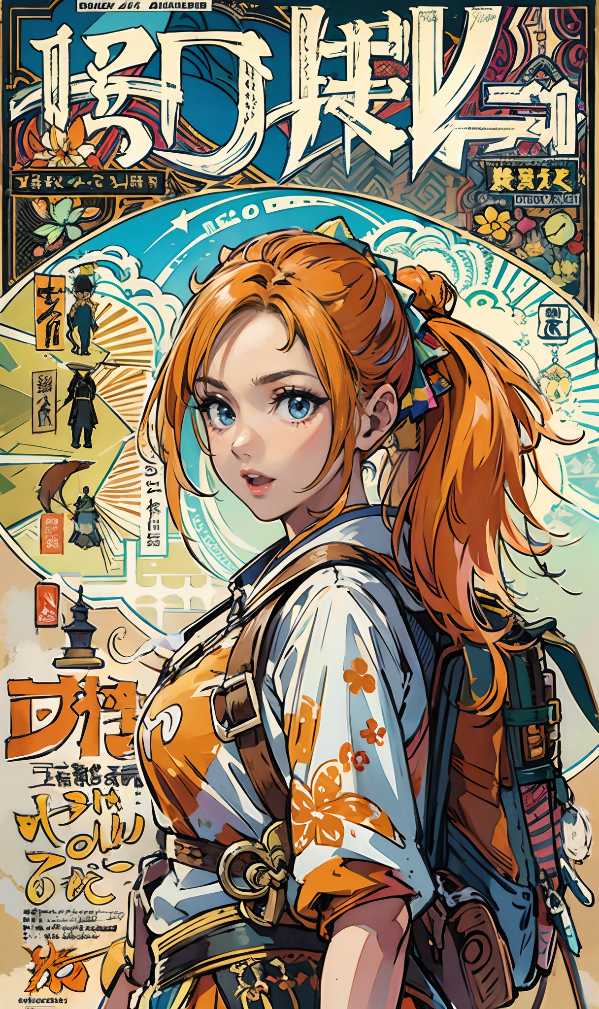 Stable Diffusion prompt: (Best Quality, Masterpiece), centered, (fantasy theme), front cover of japanese ...