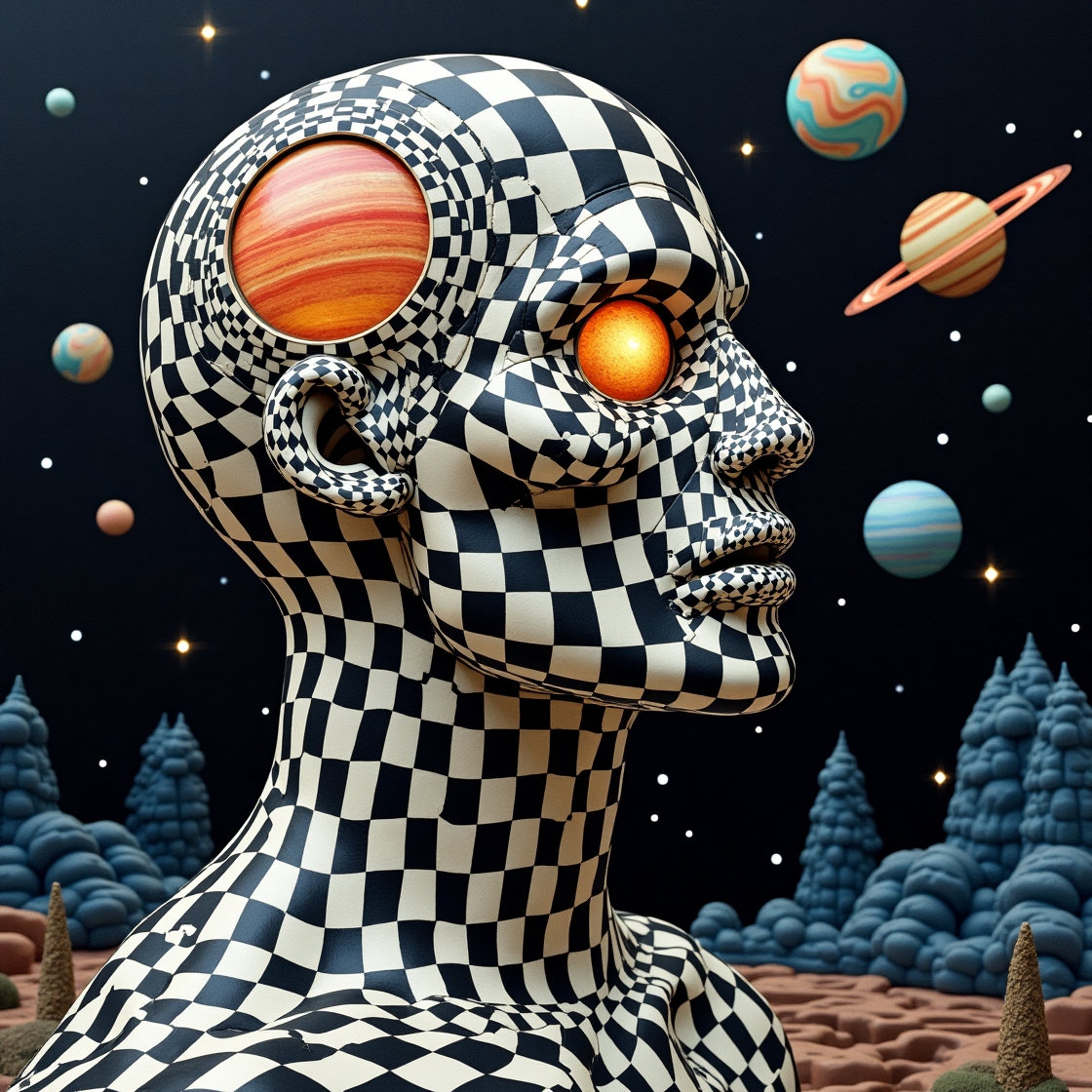 FLUX prompt: Medieval giant space planetarium, 3D op art style, detailed 3D Op Art Trippy Opt...