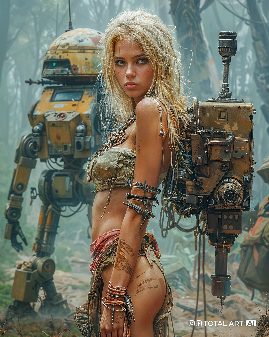 Midjourney prompt: Full body shot, dynamic combat shot of cyberpunk beauty blondie mech girl warrio...