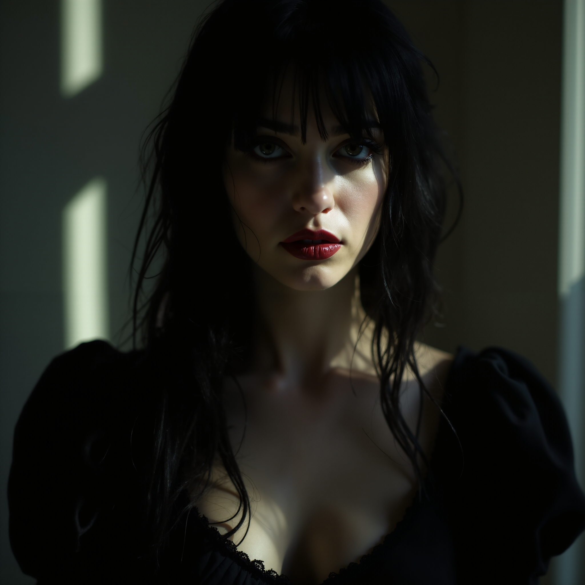 FLUX prompt: goth lady 40yo, HDR, shadows and lighting, RAW photography.