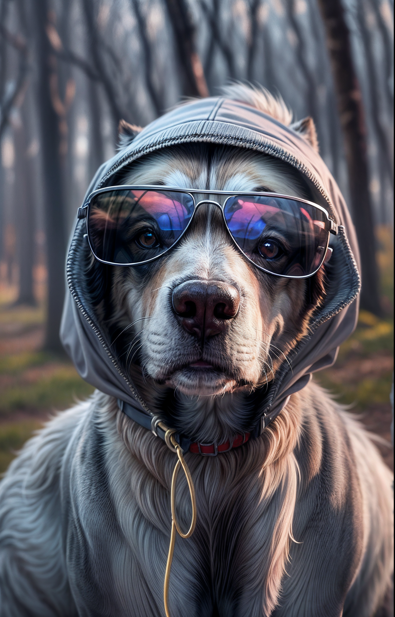 ReV Animated prompt: "Wild and dignified eyes shining through sunglasses, a dog wearing a gray hoodie...