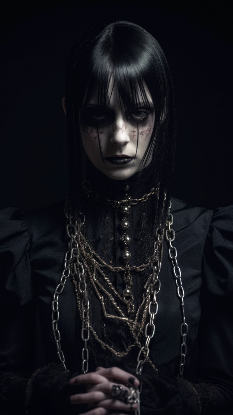 Midjourney prompt: A goth macabre grotesque female wearing occult attire, horror, dark, intricate d...