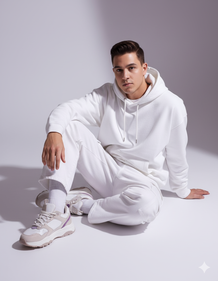 ChatGPT Image prompt: Oversized white sweatshirt, white purple oversized combat jean, styled with foot...
