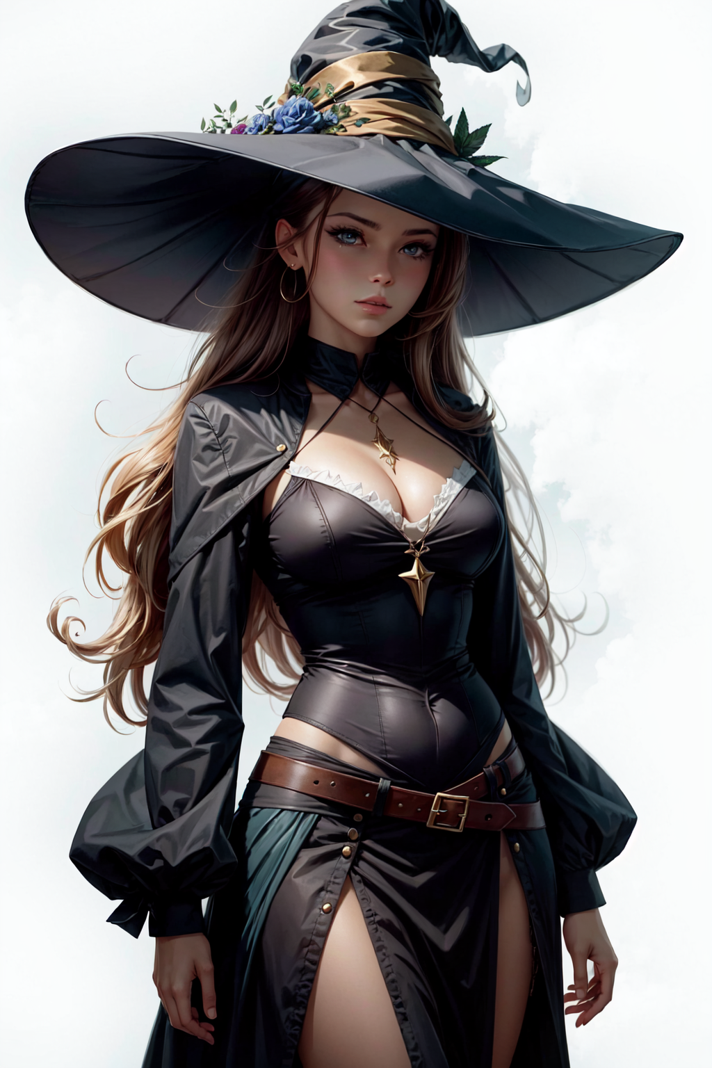 UnstableInkDream prompt: rugged girl witch wearing a magic school uniform, large wide-brimmed witch hat, ...