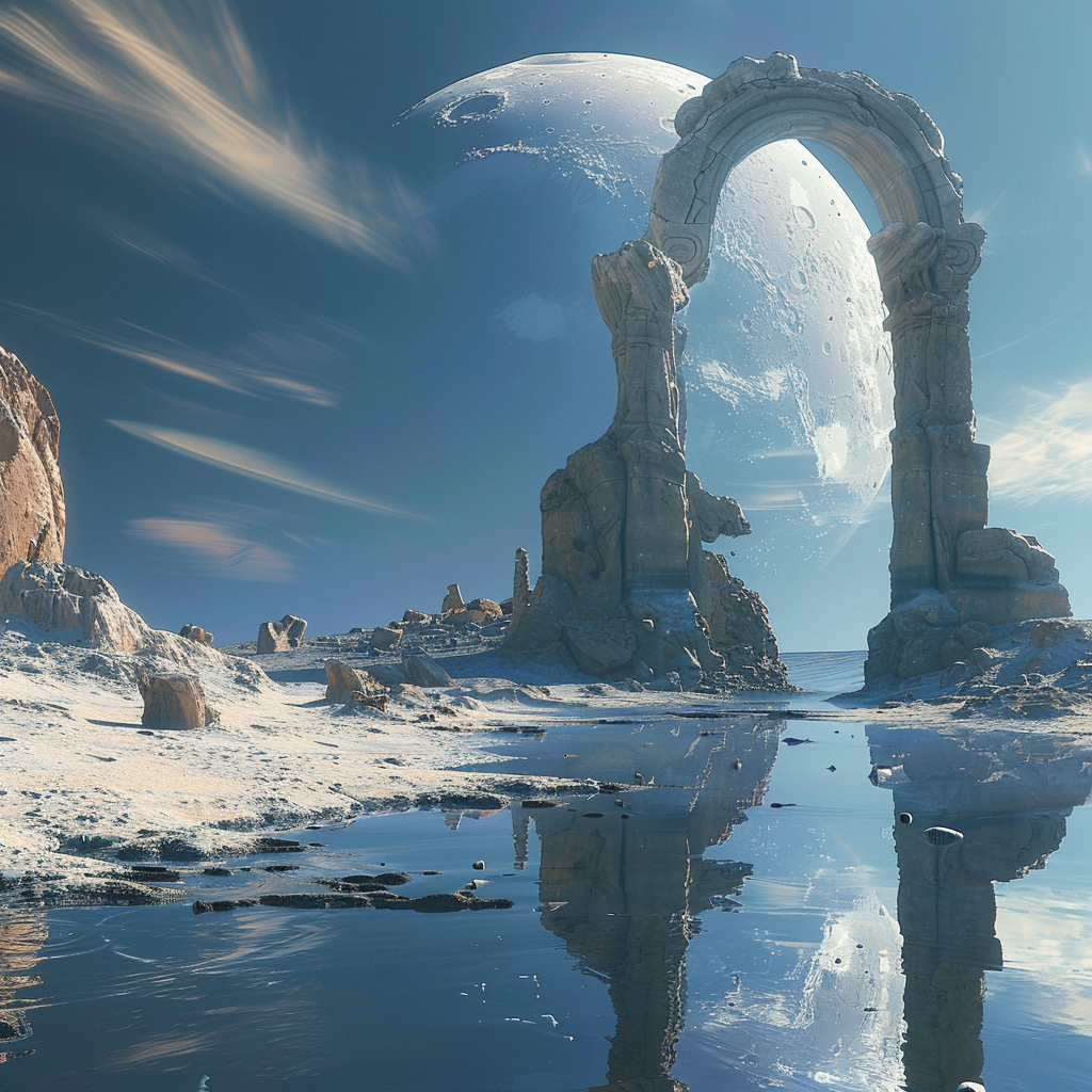 Midjourney prompt: an ancient ruined archway on the moon, fantasy, ruins of an alien civilization, ...