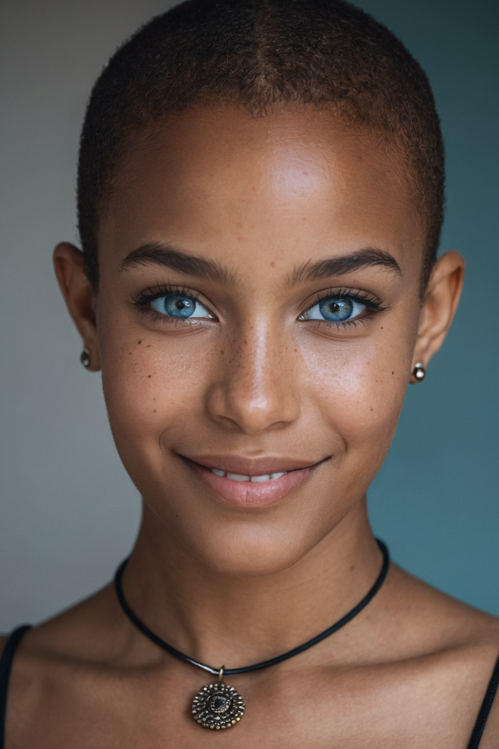 Stable Diffusion prompt: beautiful african girl, smile, happy, shaved hair, black necklace, (detailed eye...