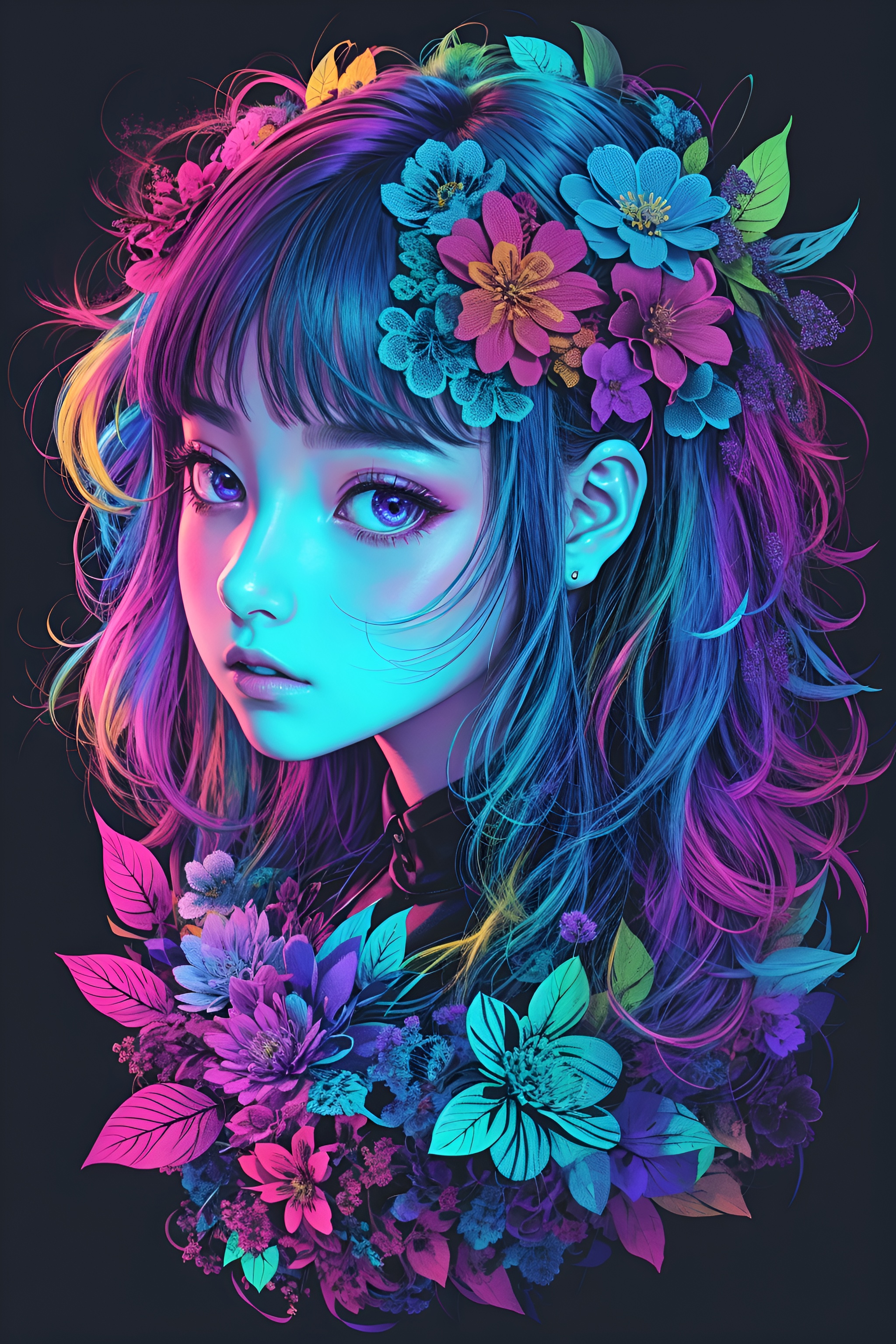 DreamShaper prompt: masterpiece, centered, a drawing of a girl with flowers in her hair, an anime dr...