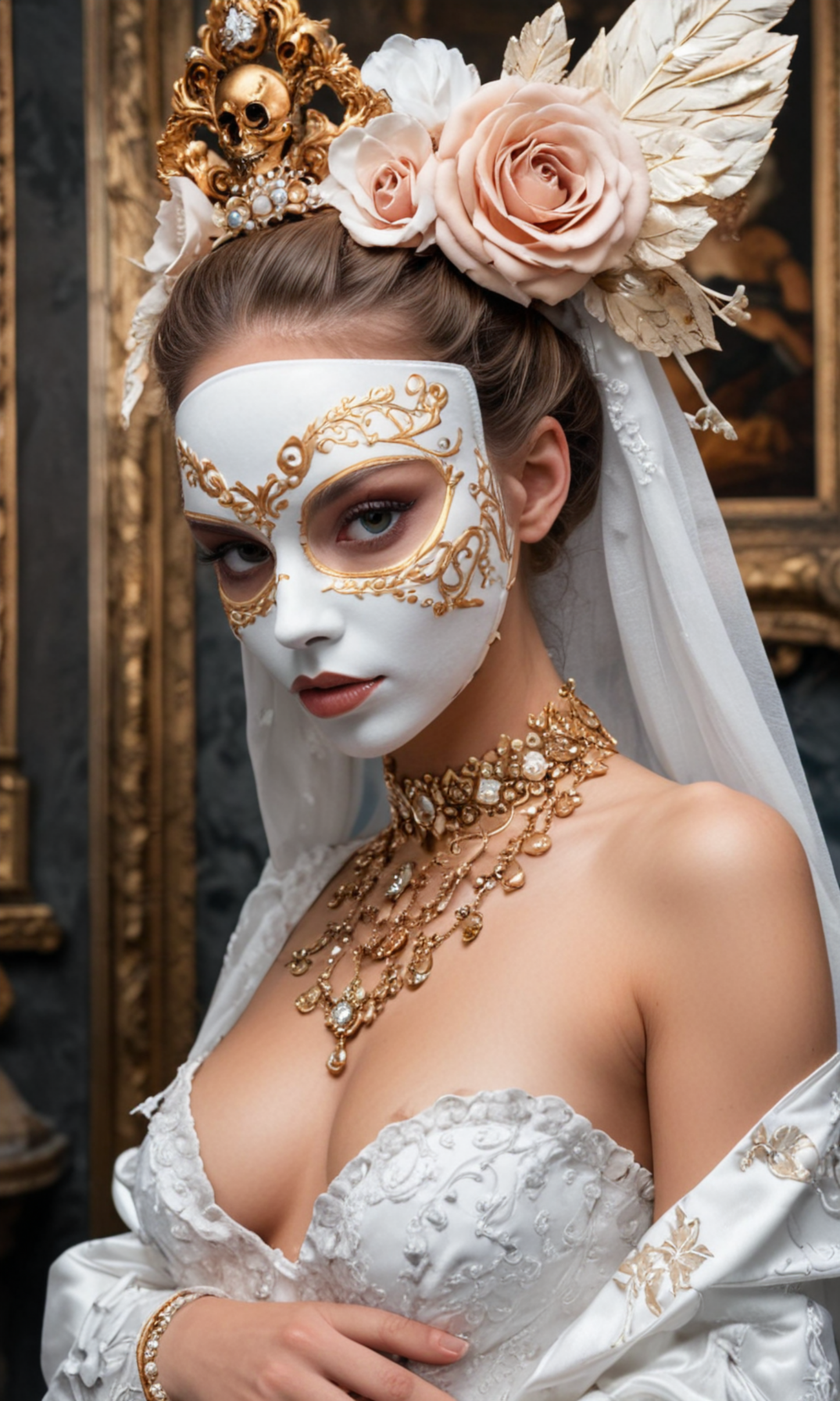 Stable Diffusion prompt: Imagine a striking photo portrait of a woman, exuding a blend of ethereal beauty...