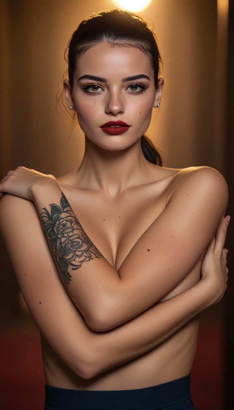 Juggernaut XL prompt: Woman facing camera with arms crossed over bare chest, hands on shoulders. Flora...