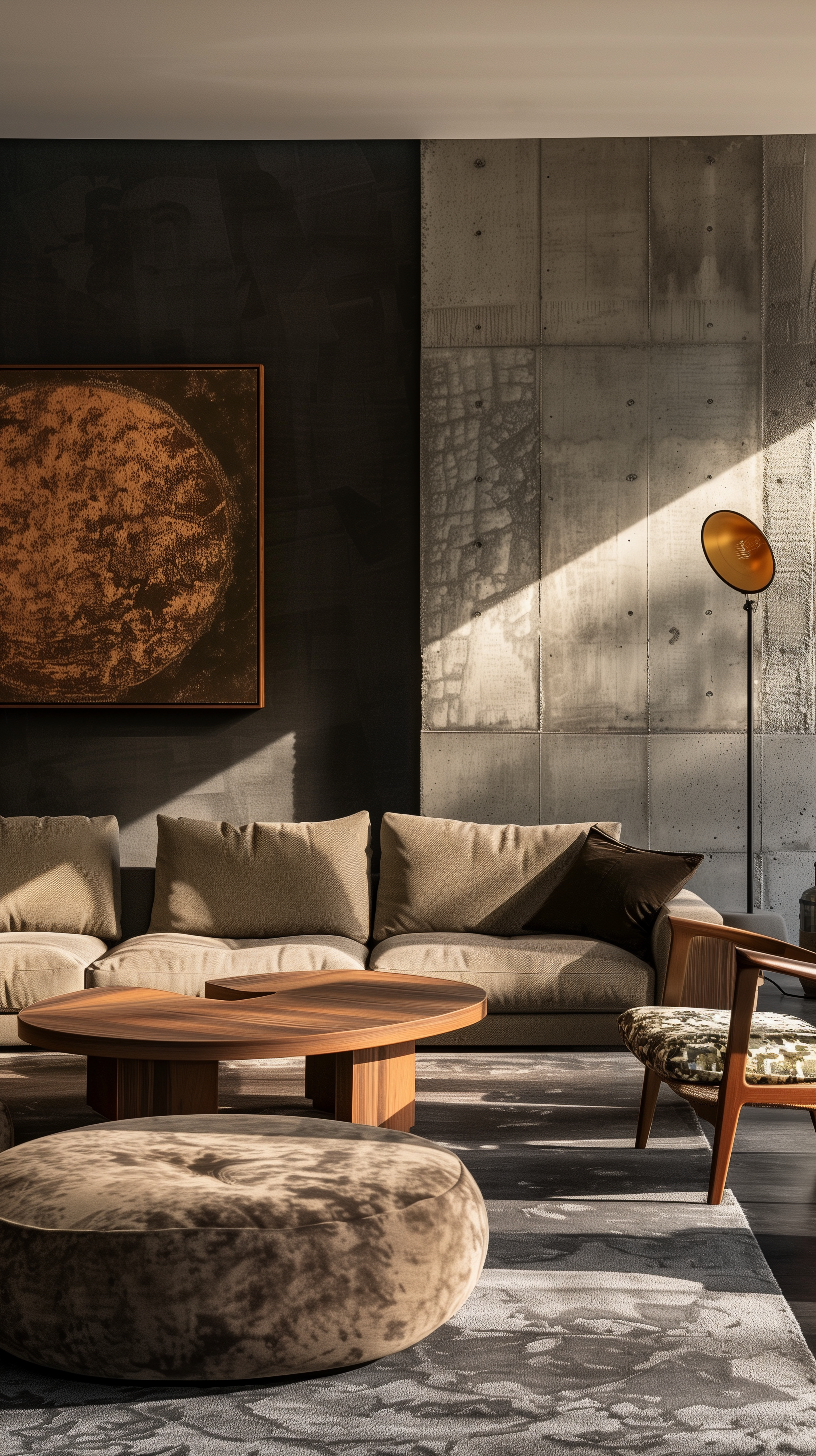 Midjourney prompt: photography, spacious living room features a dark grey feature wall contrasted w...