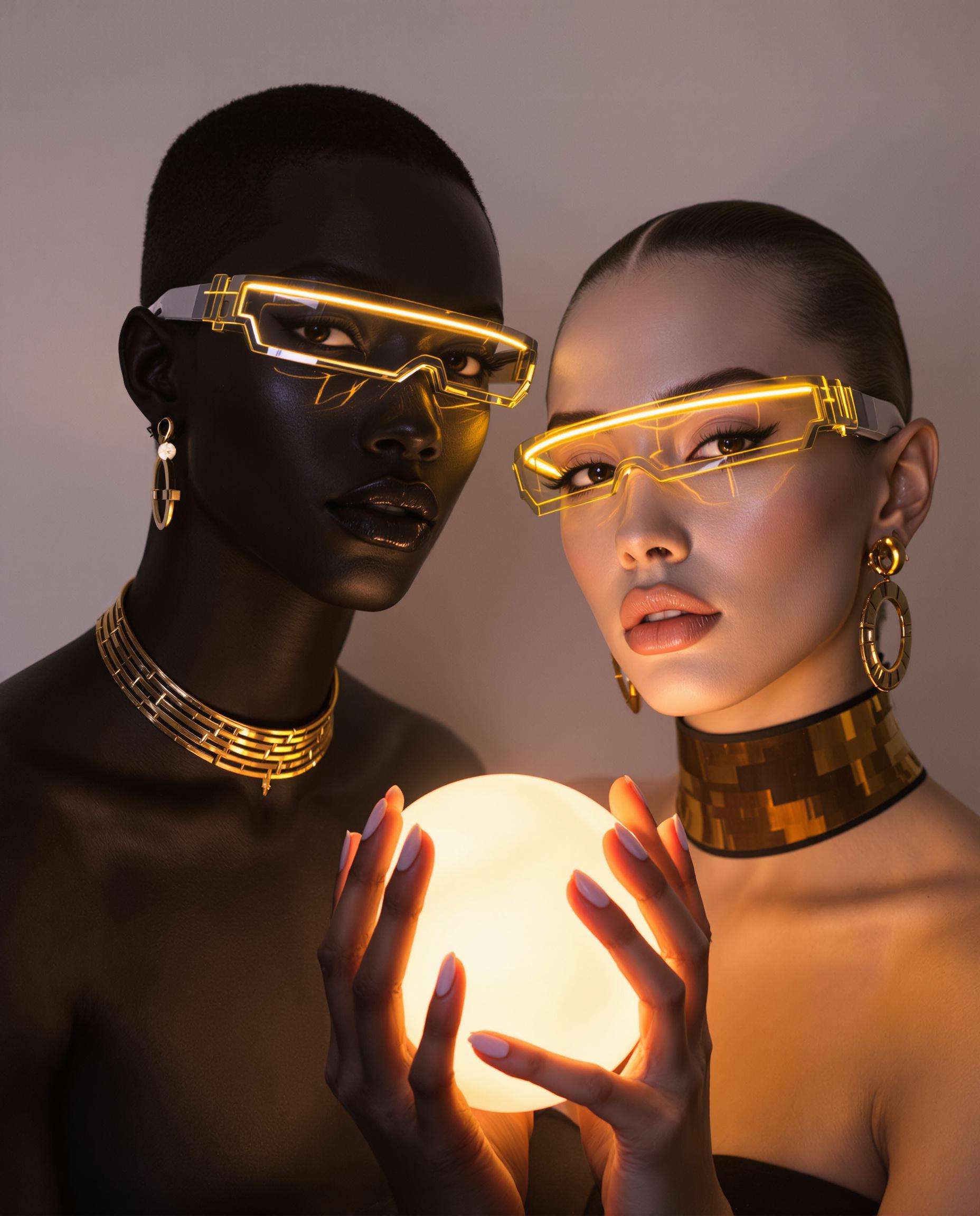 FLUX prompt: Two women with contrasting skin tones black skin white skin and elegant gold jew...