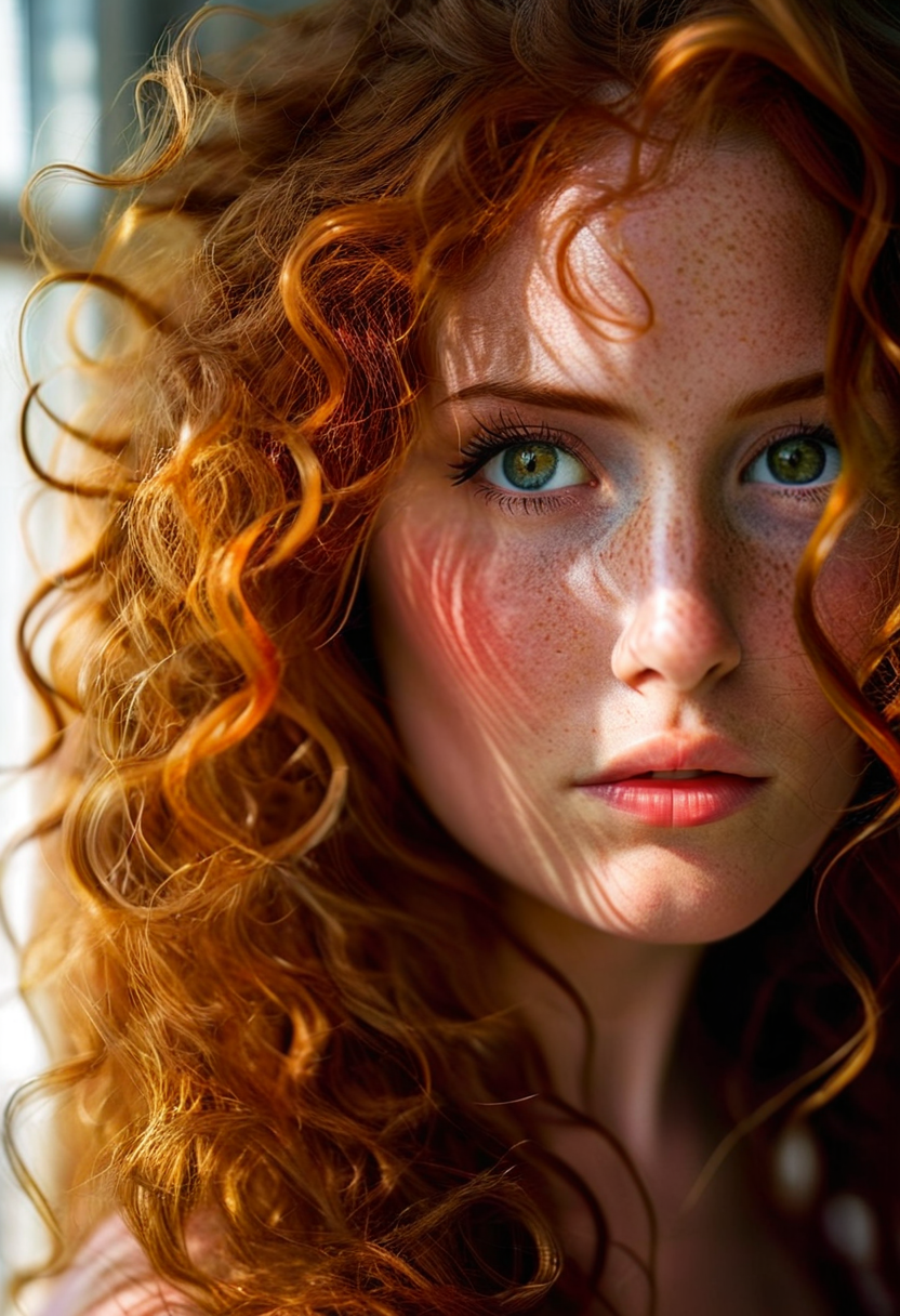 RealVisXL V4.0 prompt: breathtaking woman, spiral curls, long auburn hair, (freckles:0.6), extreme clos...