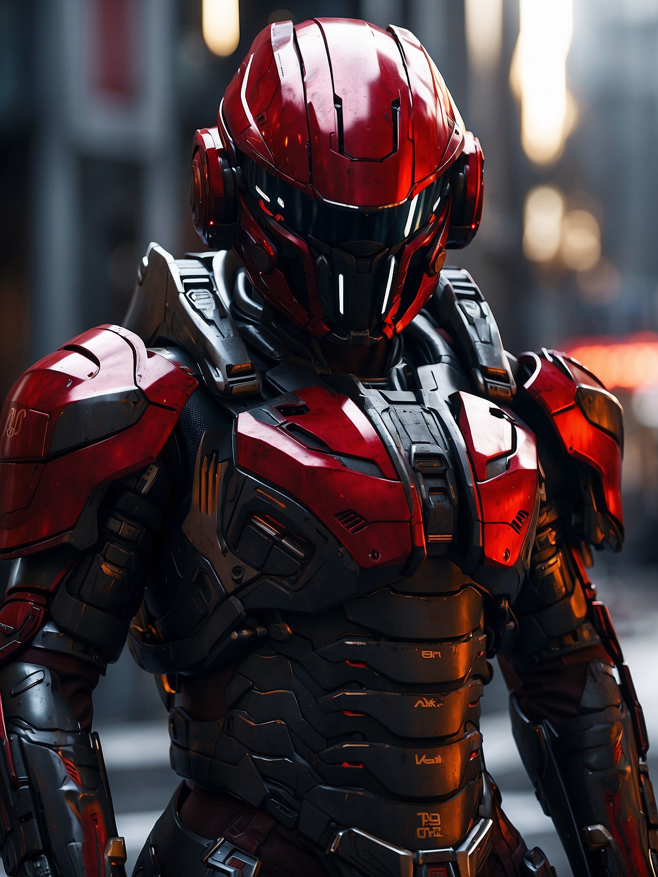 Stable Diffusion prompt: Futuristic soldier with advanced armor, weaponry, and helmet, neon red, street, ...
