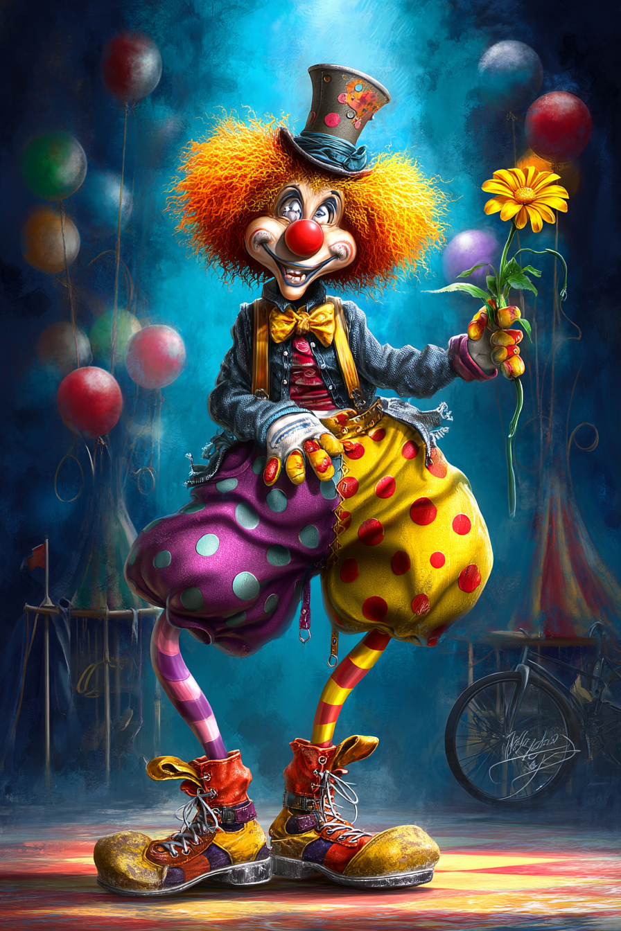 Midjourney prompt: funny caricature, zany clown character, 35 years old, colorful, mischievous, ela...