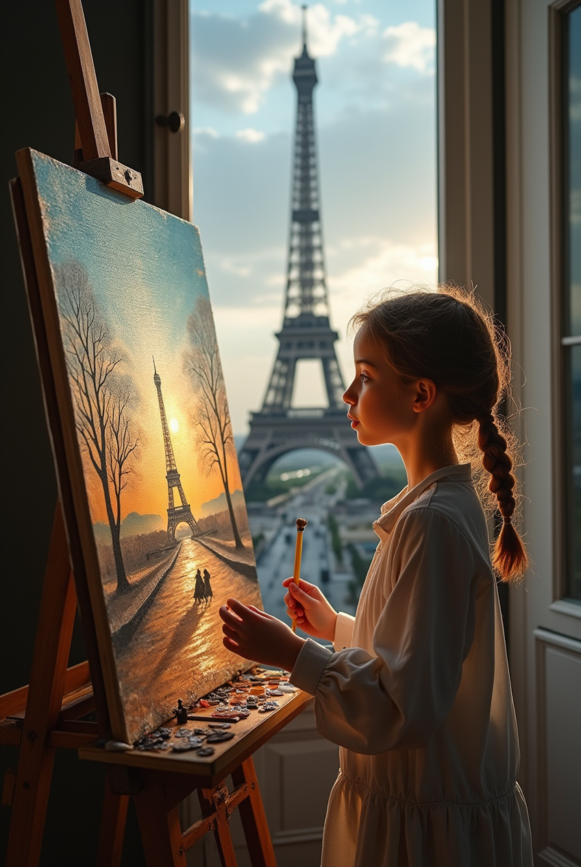FLUX prompt: a young girl paints a beautiful picture in her studio, she lives in a house near...