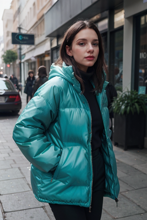 epiCRealism prompt: a mid age woman wearing a poncho oversized puffer jacket, inspired by OffWhite, ...