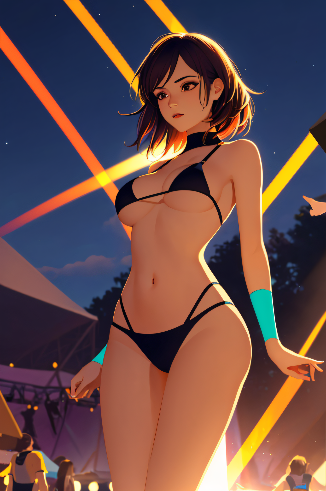 Deliberate prompt: favre, 1girl, rave festival, night, light rays, edc, rave, highres, lens flare, ...
