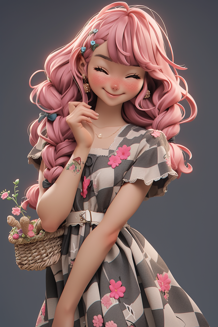 Openjourney prompt: A cute kind-hearted and nurturing young girl, with side braid pink hair, round f...