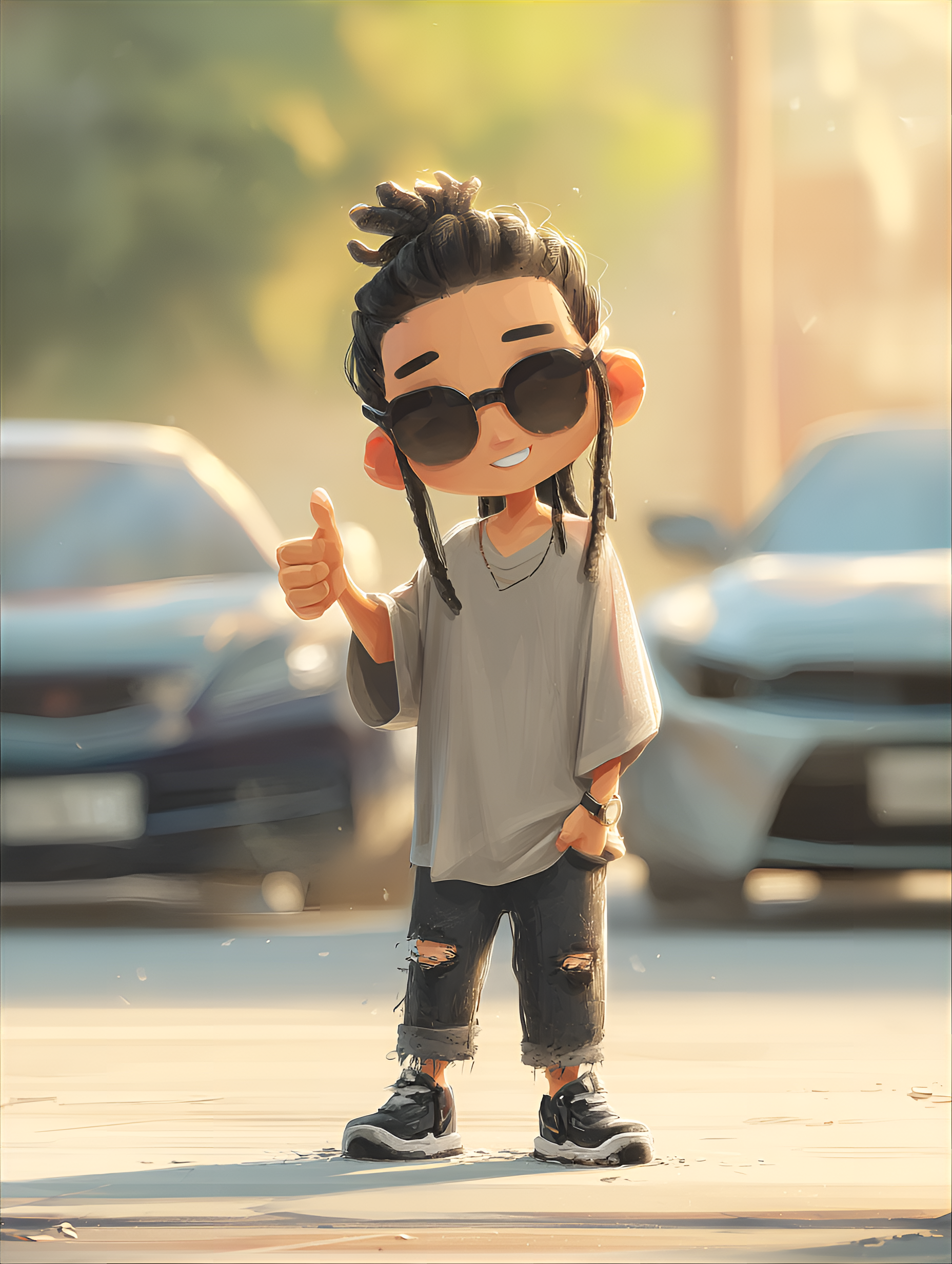 Midjourney prompt: cute caricature chibi, casual cool chibi, giving a thumbs up, the casual cool ch...