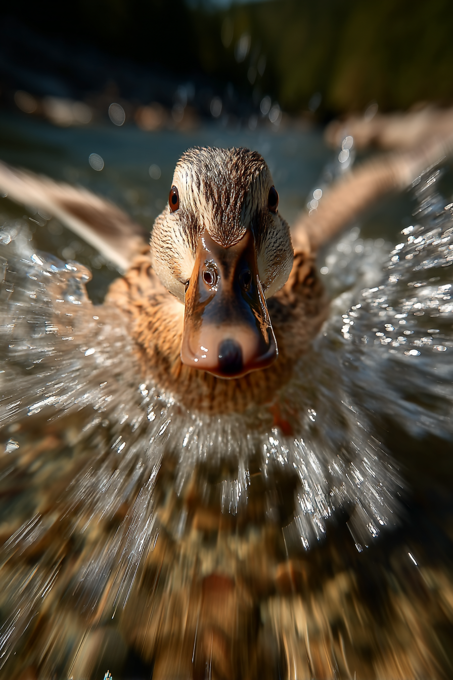 Midjourney prompt: capturing a duck feet moving very fast in the water --ar 2:3 --stylize 500 --v 7