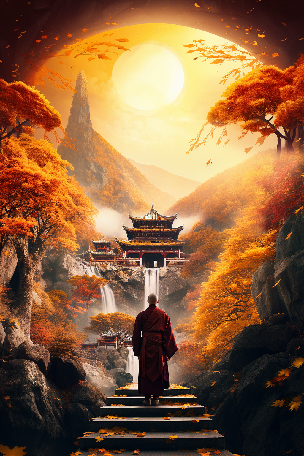 Midjourney prompt: Step into a breathtaking fantasy world during the serene fall season. A tranquil...