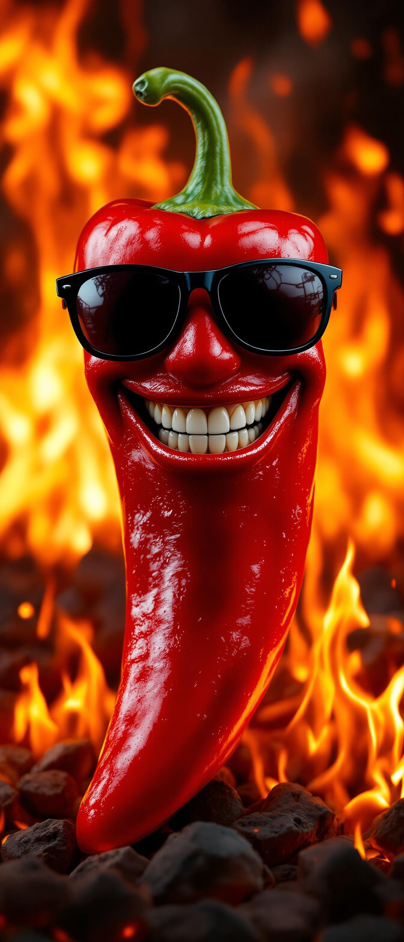 FLUX prompt: Ultra-realistic photo of an anthropomorphic chili pepper with a glossy red surfa...