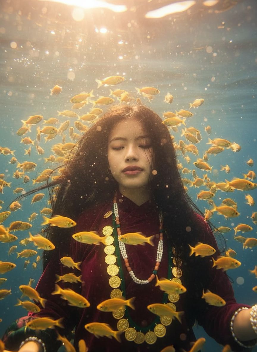 Nano Banana prompt: hyper realistic photograph of a girl underwater with school golden fish around, ...