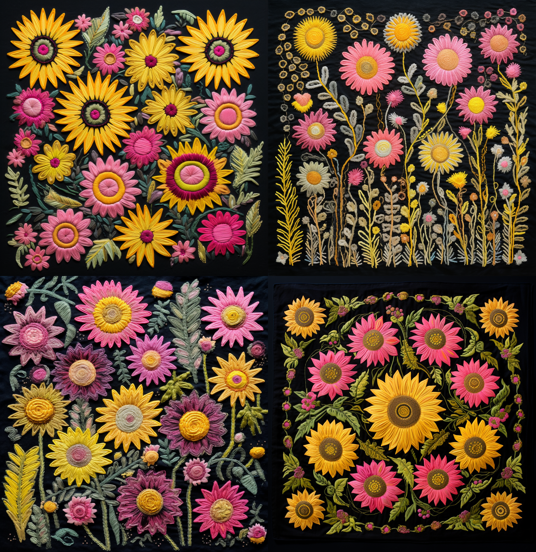 Midjourney prompt: Flat view, top view, textured embroidered painting of pink and yellow sunflowers...