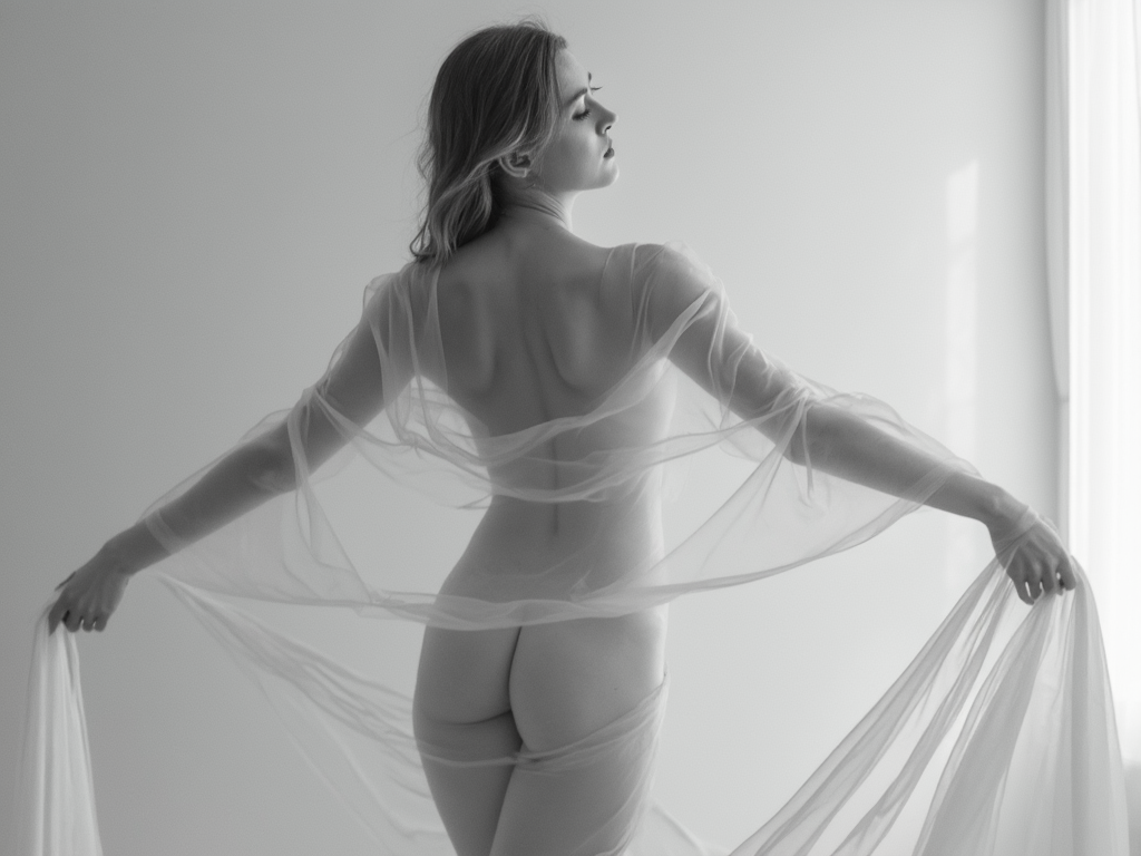FLUX prompt: A minimalist black-and-white photograph of a nude woman, her face and body elega...