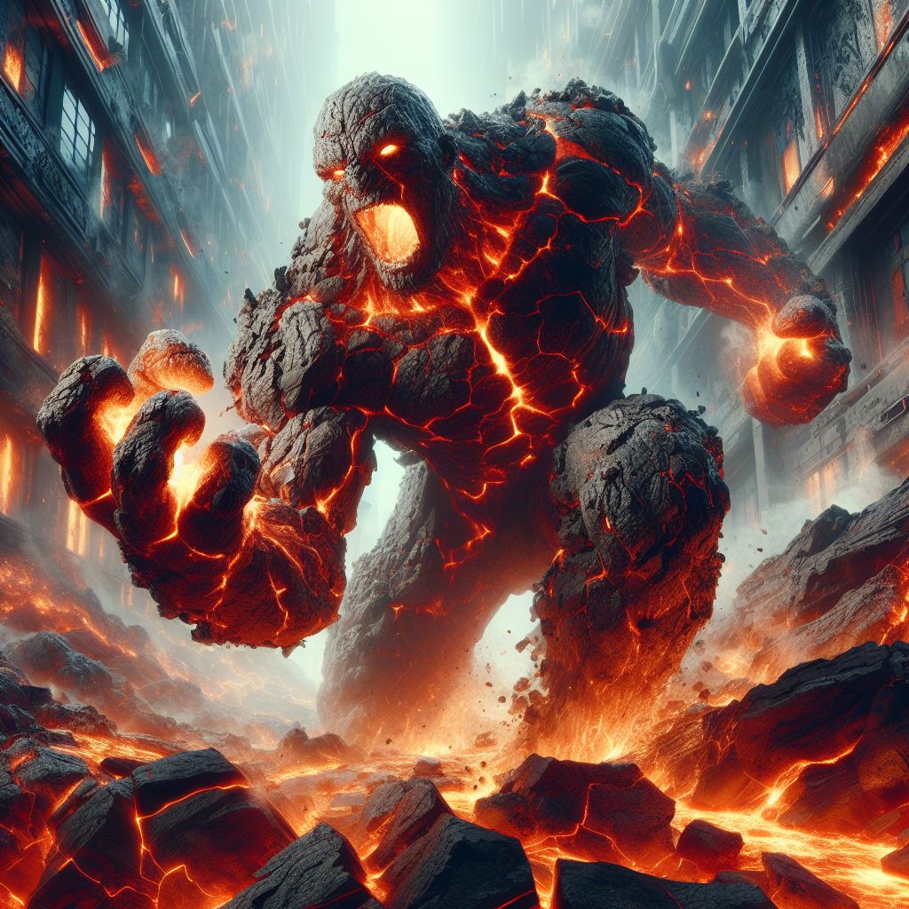 DALL·E prompt: Primordial living lava golem, molten interior visibly churning through cracked r...