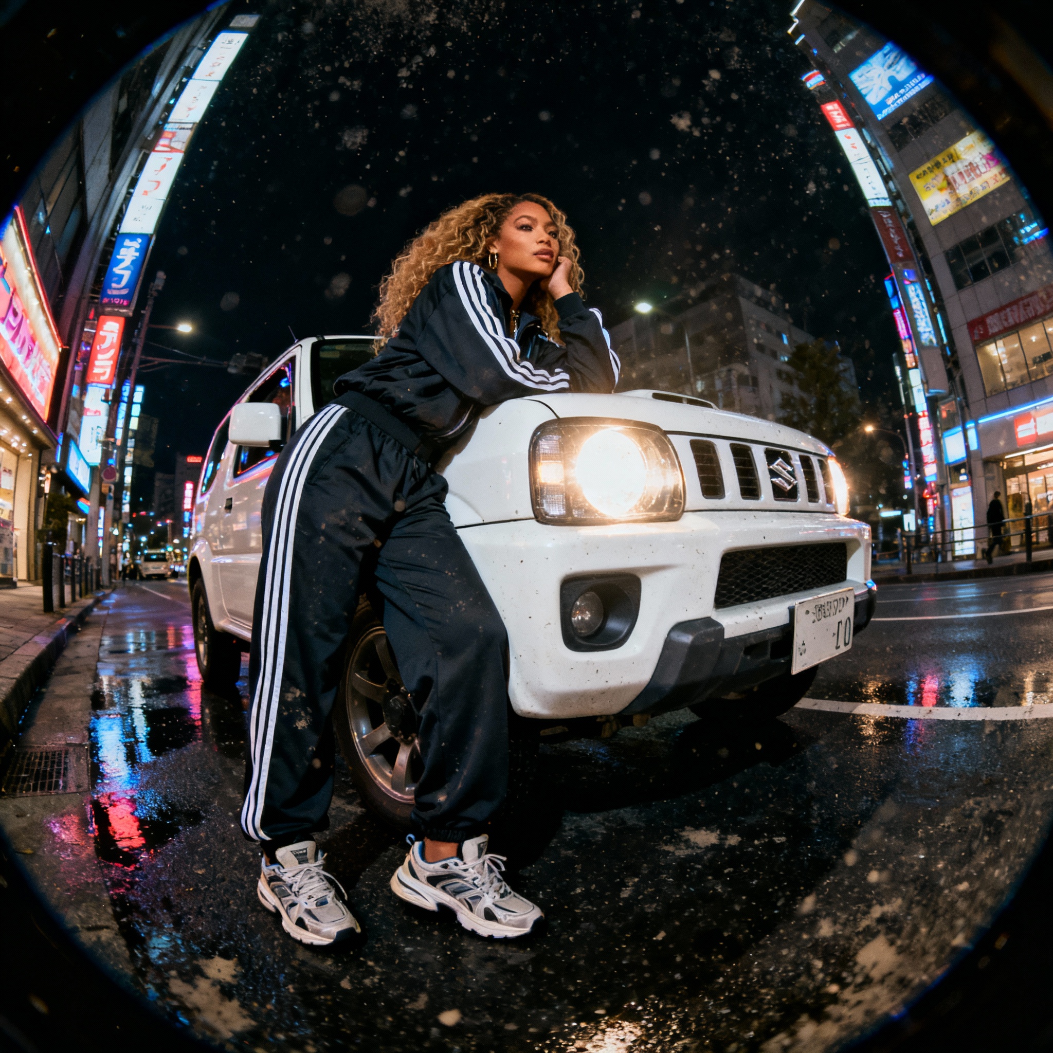 Seedream 4 prompt: Fish-eye portrait: Beyonce in oversized XL 1990s urban fashion inspired by adida...