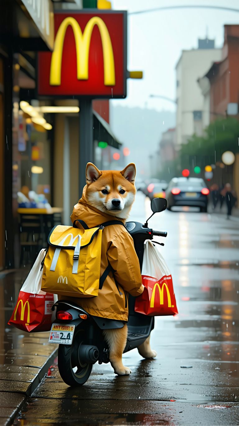 Stable Diffusion prompt: Photography, realistic, a cute Shiba inu Puppy wearing a McDonald's delivery uni...
