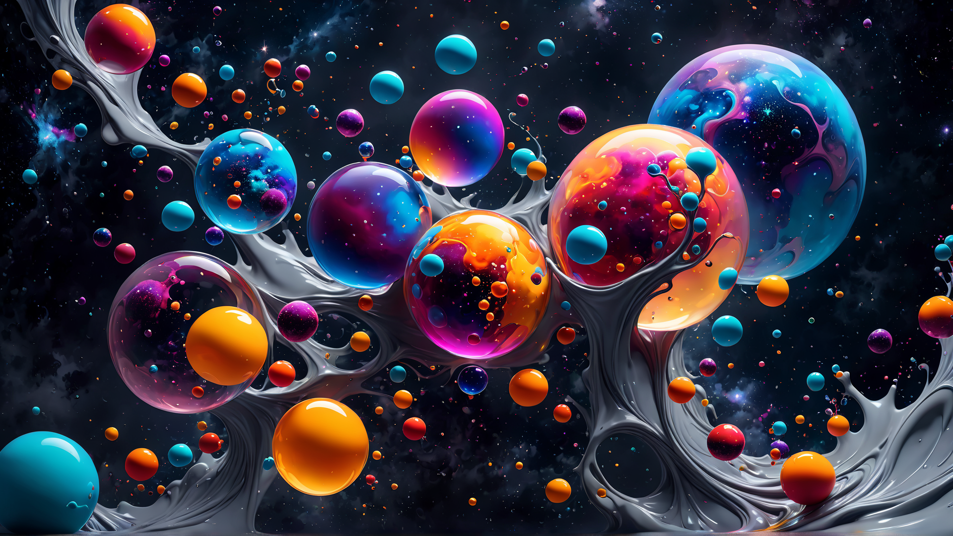 Stable Diffusion prompt: bubbles with stars and nebula behind splattered liquid paint in (lightgray:1.2) ...