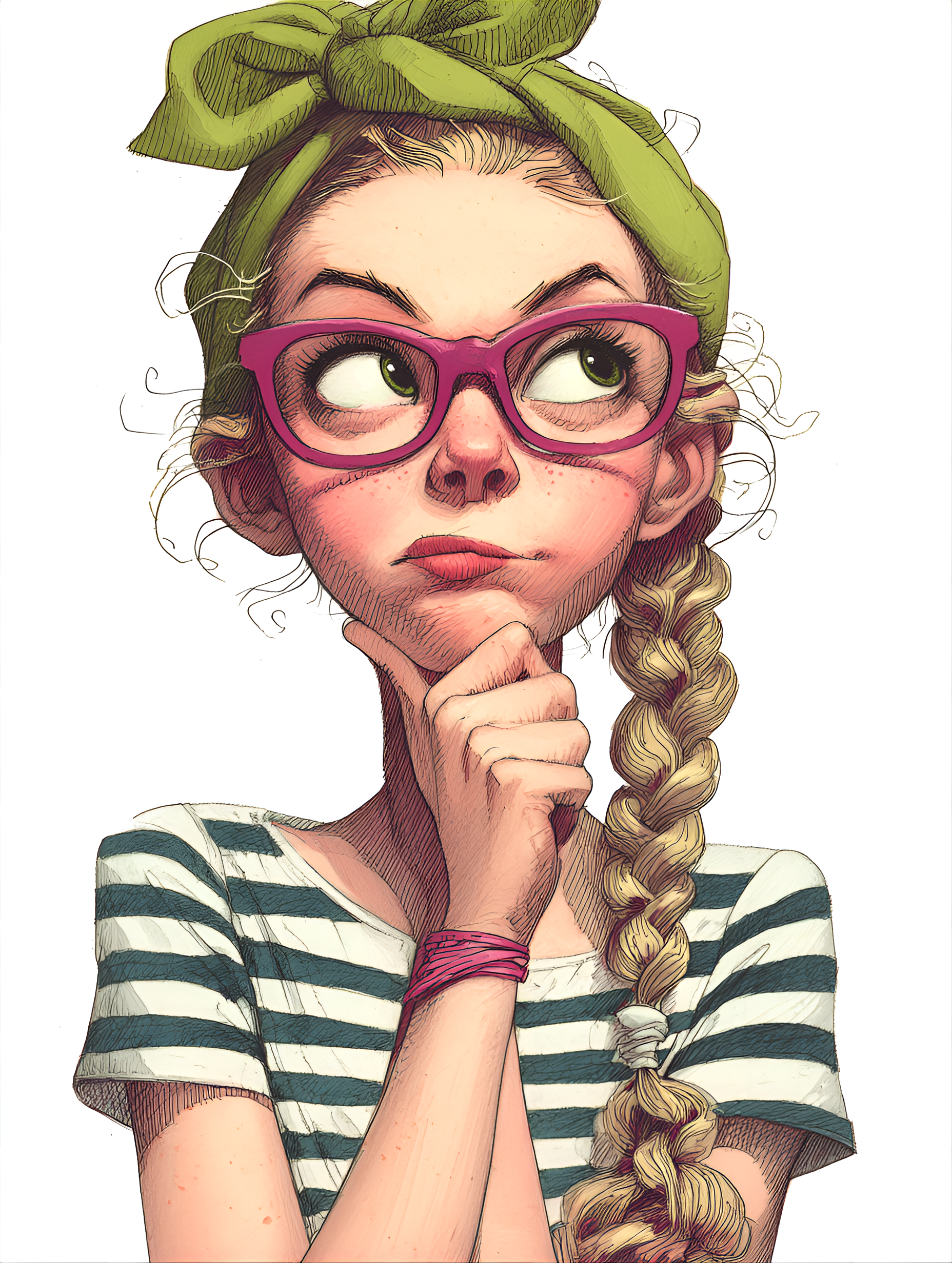 Midjourney prompt: funny caricature, young girl with glasses caricature, young caucasian female, 16...