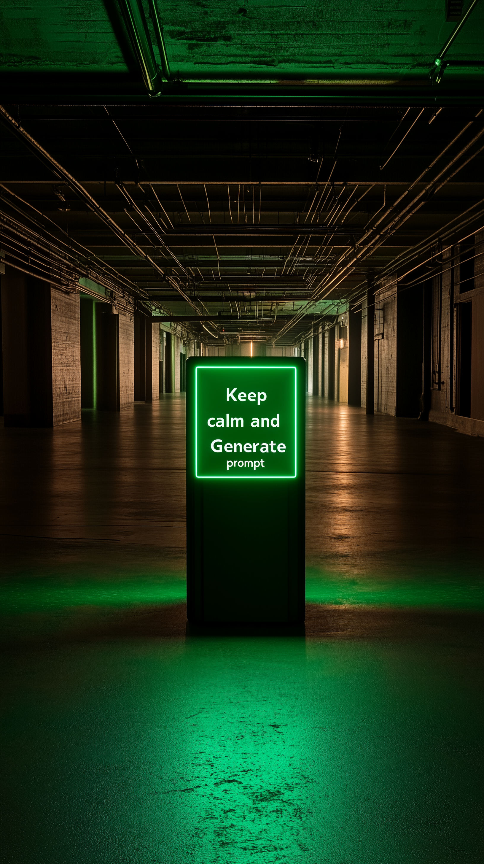 Midjourney prompt: green light box with the words "Keep calm and Generate prompt" written on it, in...