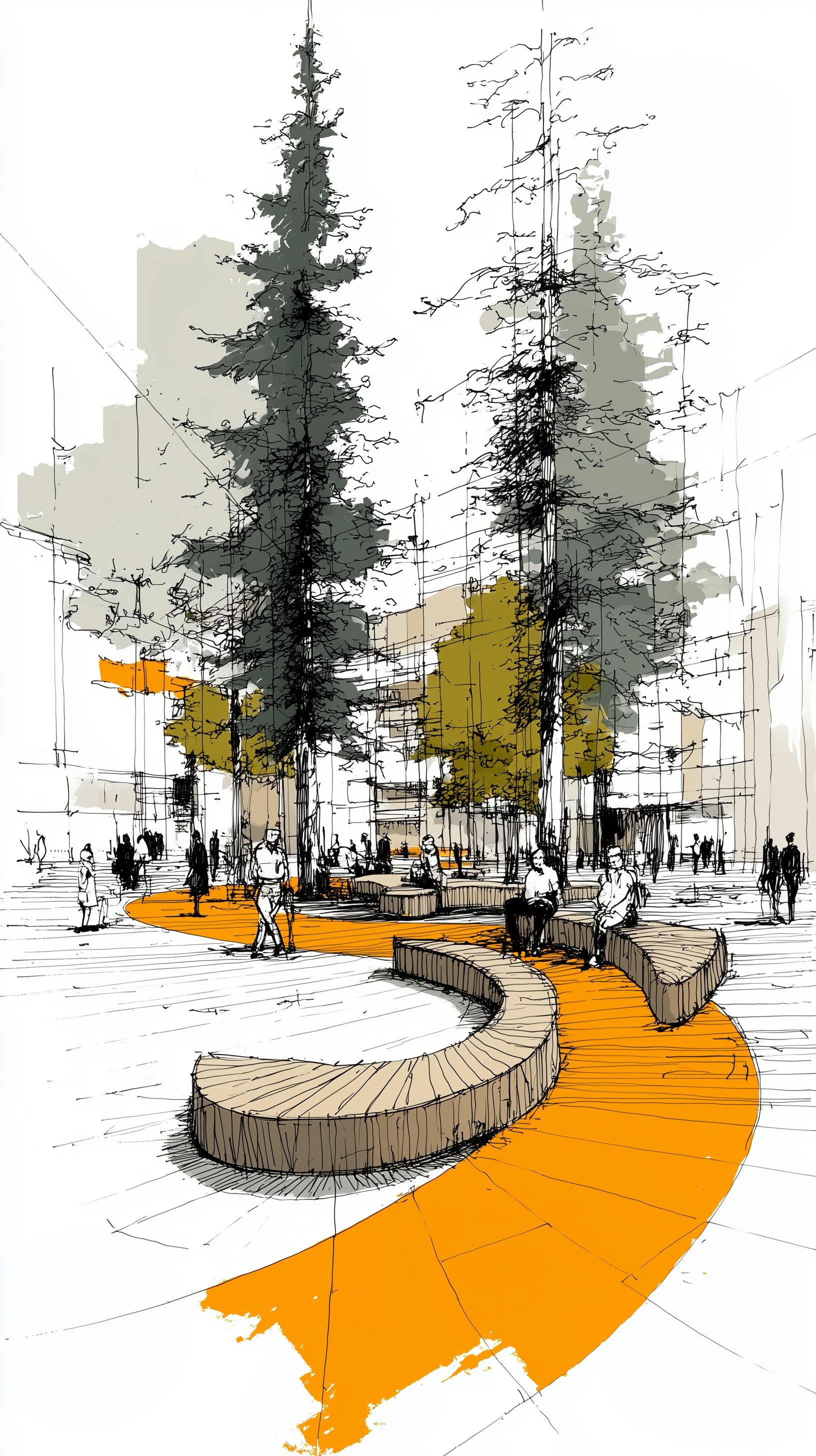 Midjourney prompt: concept sketch, perspective, park landscape design, curved wooden benches and pi...