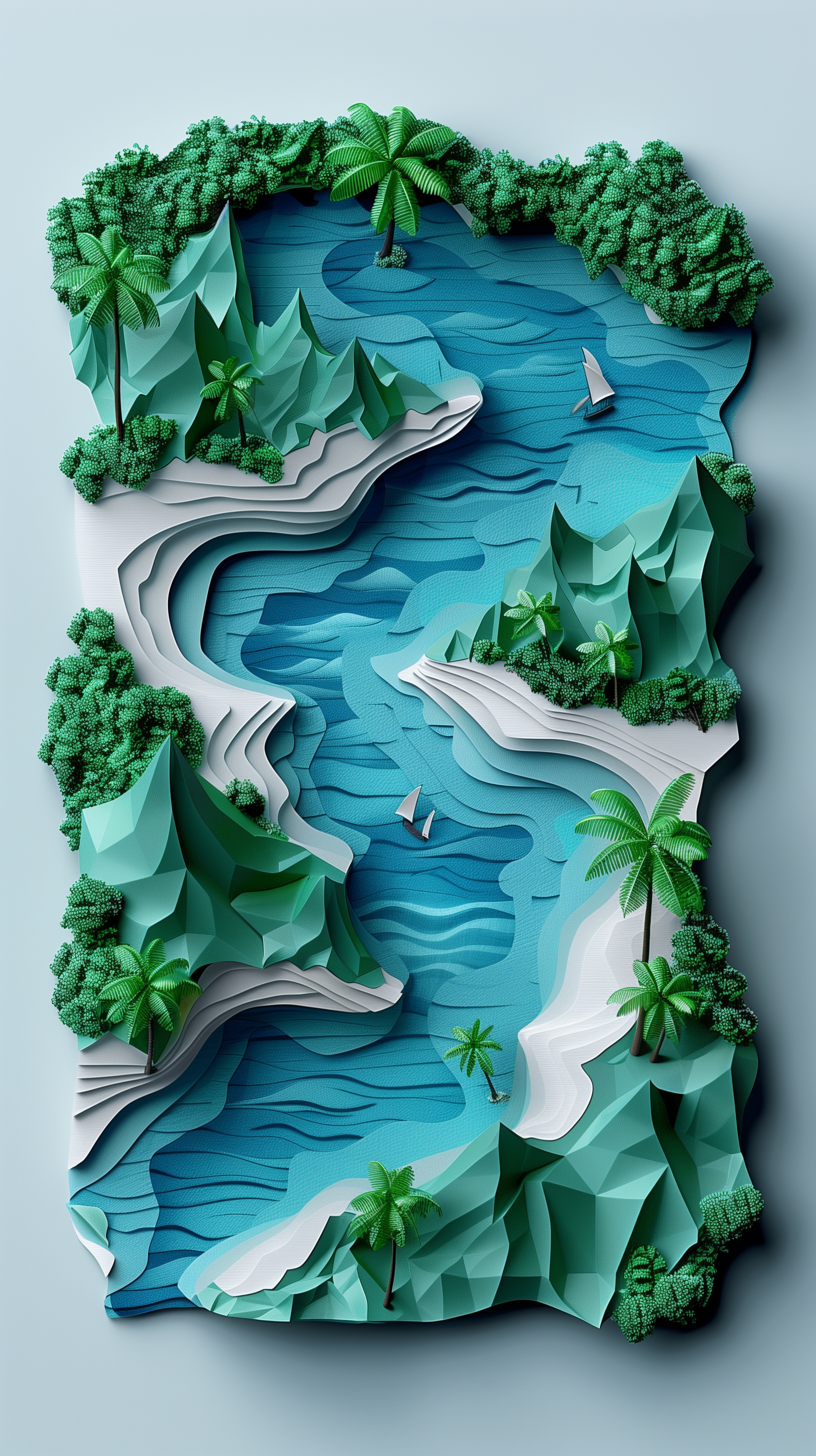 Midjourney prompt: 3d, ocean and island, paper work, cyan, and white with emerald green, rough-text...